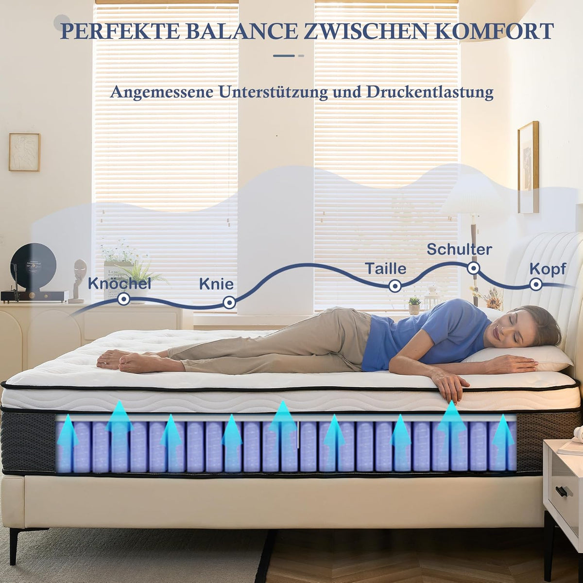 Matras 140 x 200 cm, pocketveringmatras H3 hoogte 31 cm 7-zonen orthopedische matras met comfort memory-schuim laag, 101 nachten proefslapen, Öko-Tex gecertificeerd