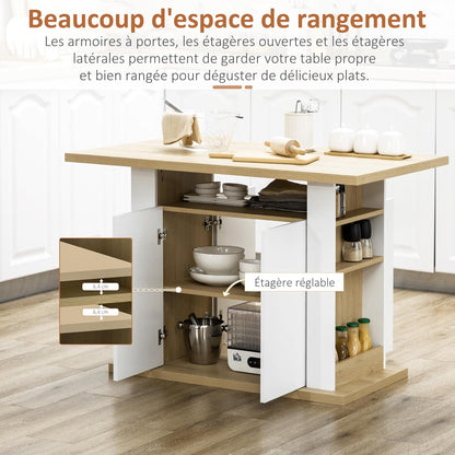HOMCOM Dining Table, Island, Kitchen, Storage Cabinet, Table with Large Worktop, 4-6 People, Cabinet with 4 Doors and Shelves, Wood, Dimensions: 110 x 70 x 75.5 cm, White and Natural - QUORE