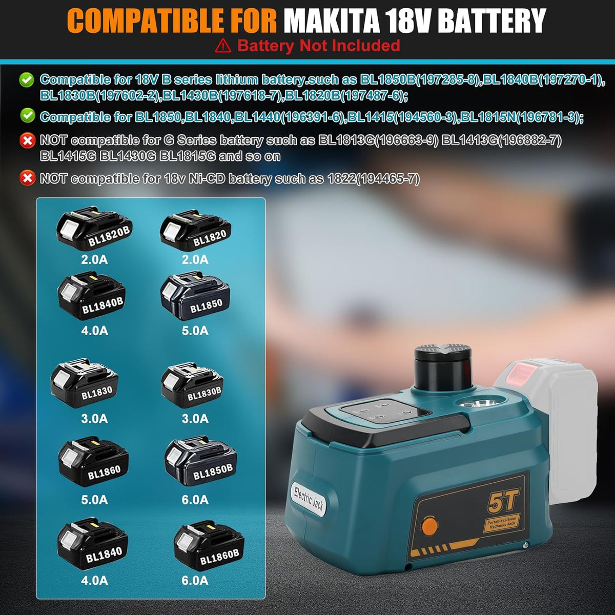 Elektrische hydraulische krik, 5T, compatibel met Makita 18 V accu, 220 W krik, hefbereik 15-45 cm, draadloze bandenwisselset voor auto, SUV, MPV, garagereparatie (zonder batterij)