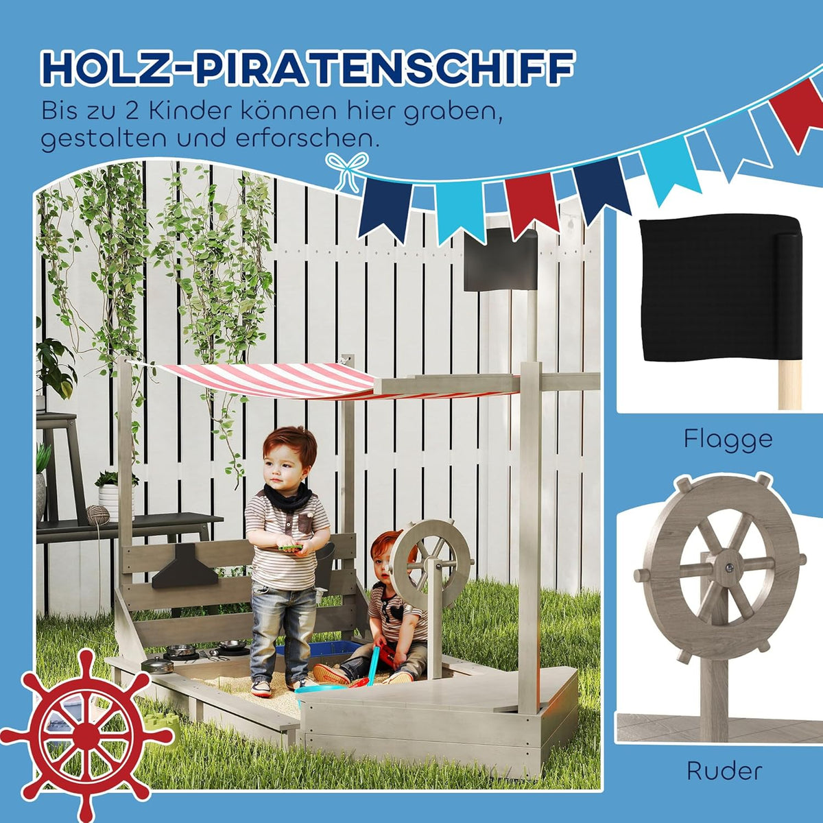 Outsunny Sandkasten Sandkiste groß mit Abdeckung im Schiff Design Matschekiste aus Holz Segelschiff Spielhaus mit Küchenspielset Aufbewahrung für Kinder 3-7 Jahre Grau 180 x 103 x 144 cm