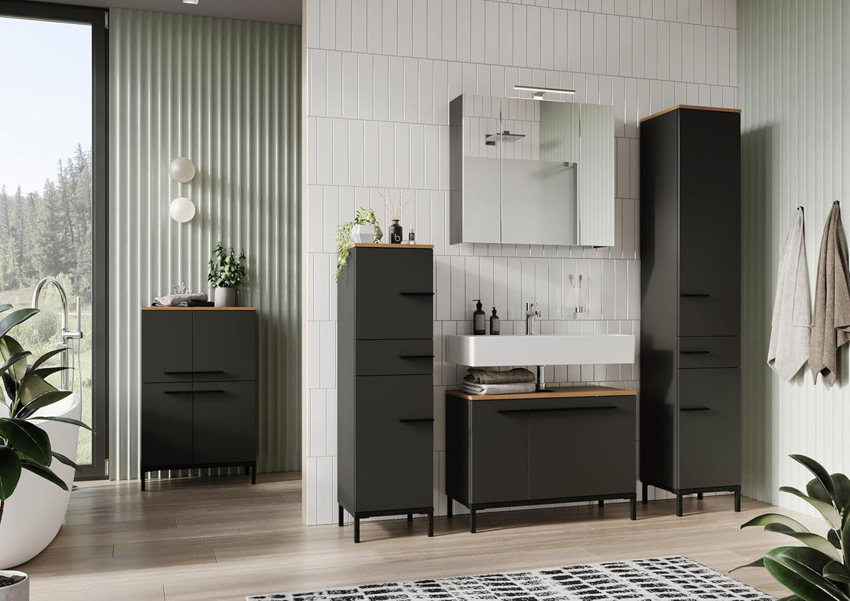Germania WB Base Cabinet 2670-549 GW-Yonkers, in Graphite/Navarre Oak-Nb., with siphon recess, 80 x 59 x 34 cm (W x H x D) - QUORE