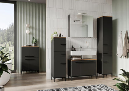 Germania WB Base Cabinet 2670-549 GW-Yonkers, in Graphite/Navarre Oak-Nb., with siphon recess, 80 x 59 x 34 cm (W x H x D) - QUORE