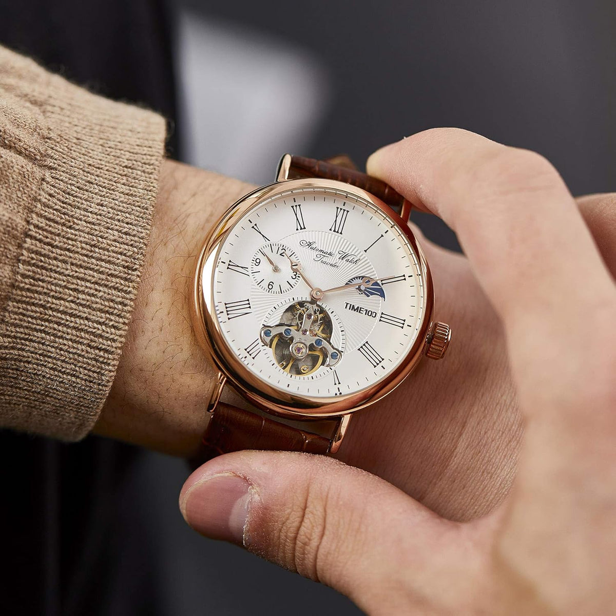 TIME100 Heren automatisch horloge Navigator-serie Tourbillon-stijl dubbele tijdzone zakelijke kalender mechanisch horloge lederen band
