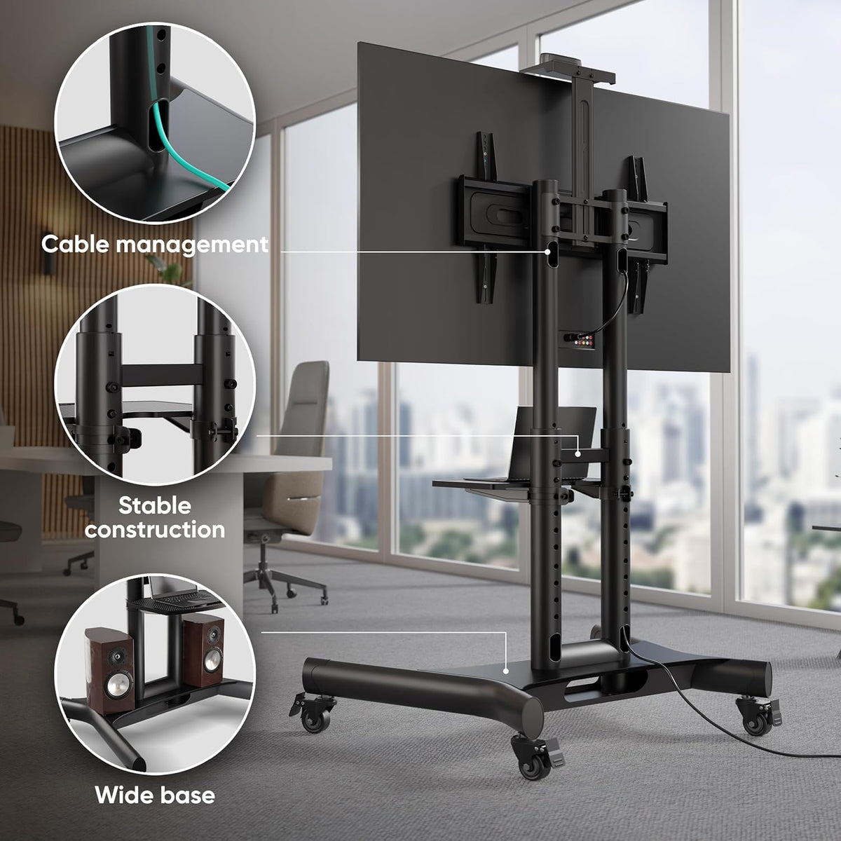 ONKRON Mobiele TV Standaard op Wielen voor 40-70 Inch Scherm, TV Beugel Wagen tot 45,5 kg - TV Meubel Verrijdbaar VESA 100x100-600x400 mm/Vloerstandaard Televisie Hoogte Verstelbare TS1551-B Zwart