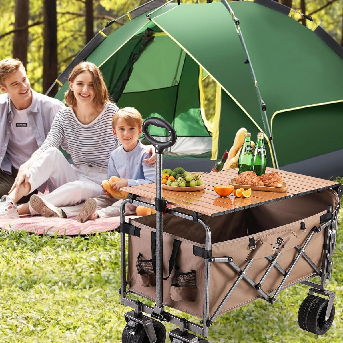 Opvouwbare Bolderwagen met Brede Wielen en Rem, 120KG Transportkar voor Multi-Terrein met Opvouwbare Achterklep, Tuinwagen Campingkar voor Picknick, Vissen, Buiten (Met Tafelblad)