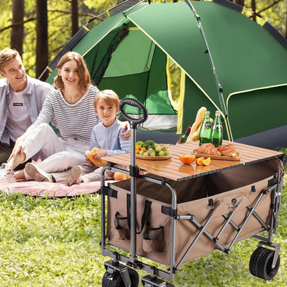 Opvouwbare Bolderwagen met Brede Wielen en Rem, 120KG Transportkar voor Multi-Terrein met Opvouwbare Achterklep, Tuinwagen Campingkar voor Picknick, Vissen, Buiten (Met Tafelblad)