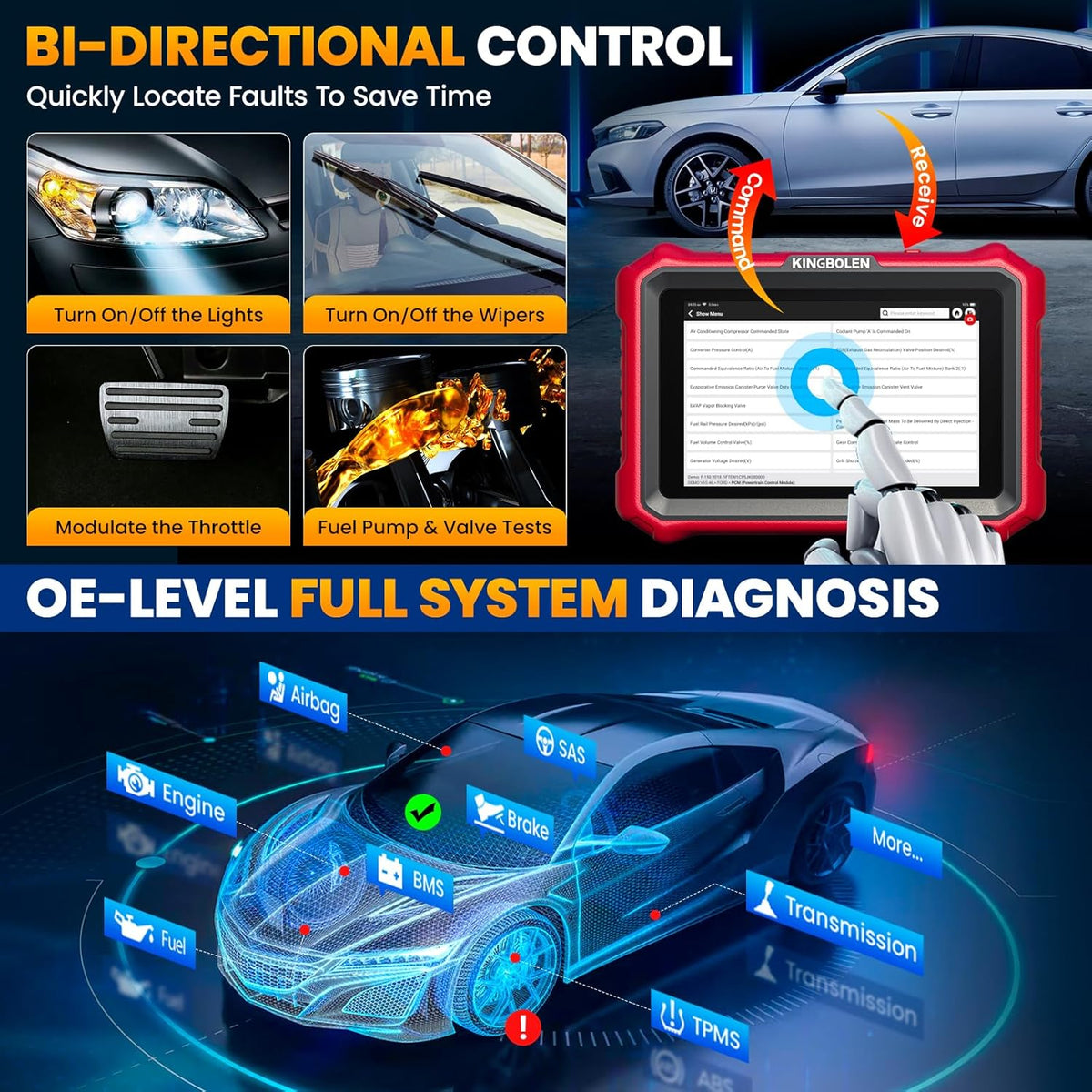 KINGBOLEN K8 Elite OBD2 Scanner, Bi-Directioneel Scangereedschap Met ECU Codering, 42+ Reset Service, Gratis V.A.G Gids, Auto Diagnostisch Gereedschap Voor Alle Systemen Levenslang Gratis Update, FCA