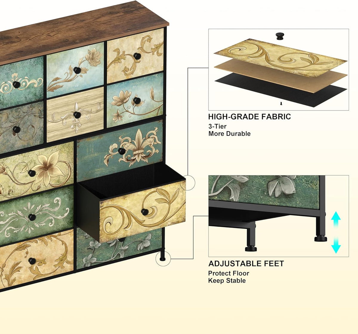 VEDECASA Commode met 12 laden, industriële ladekast, stoffen commode, metalen frame, houten oppervlak, stoffen laden voor woonkamer, kinderkamer, hal, rustiek