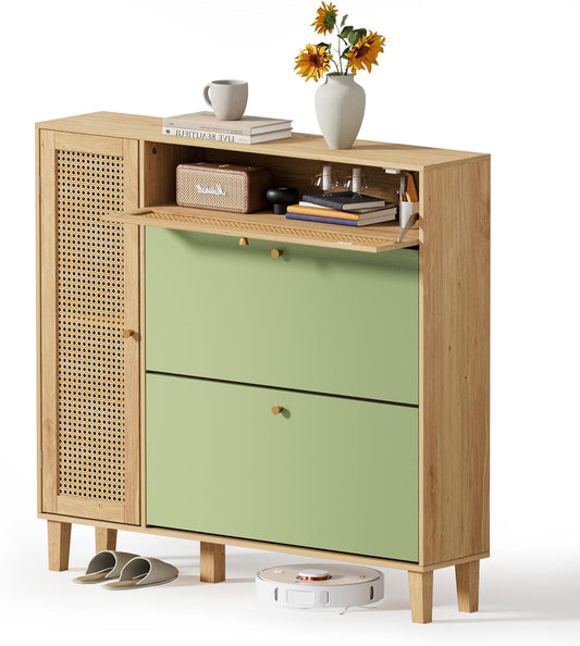 Schoenenkast – Schoenenrek – Entreekast – Opbergkast – Schoenopberger – Groen en Naturel – Compact 24 cm Diep – Verstelbaar Binnenrek