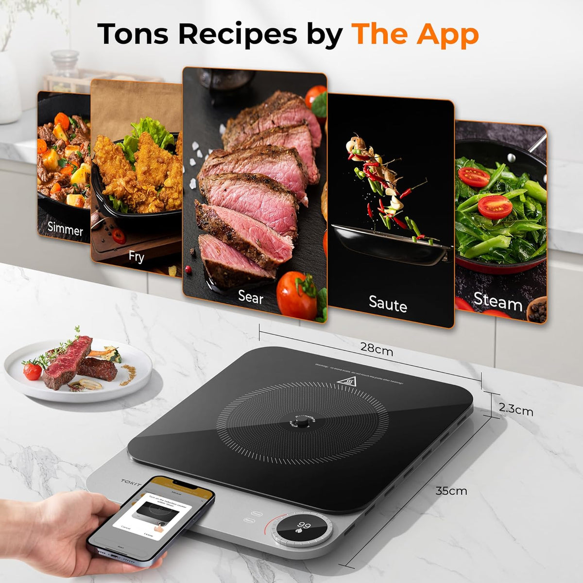 TOKIT Inductiekookplaat, 2100 W, enkele inductiekookplaat, draagbaar, 99 vermogensniveau, met oled-display, timer, 20 mm, ultradunne app-controle, temperatuursensor, van glas