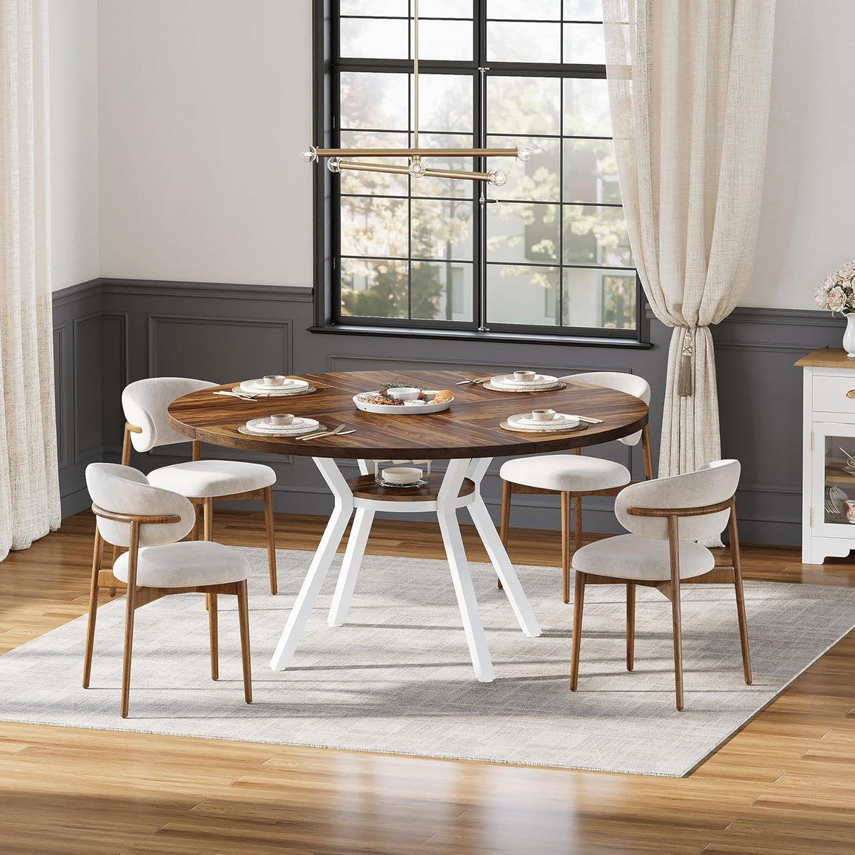 Tribesigns Round Dining Table for 4 People, 120 cm, Round Dining Table with Metal Base, Kitchen Table with Storage Compartment for Home, Dining Room, Living Room, White (Brown)