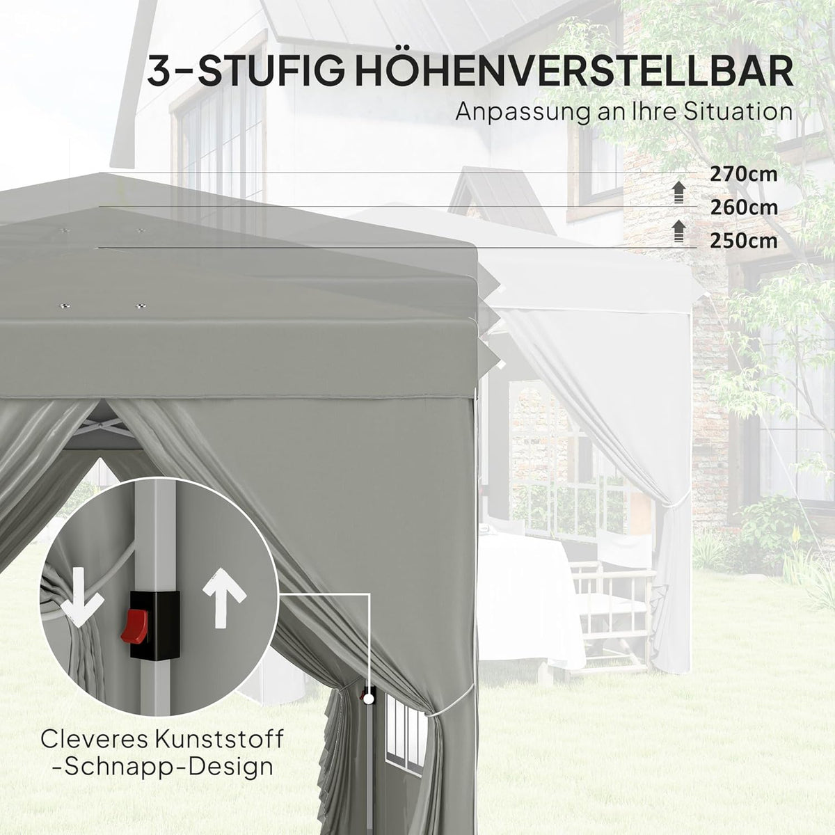 Outsunny Pavillon 2,5x2,5m, wasserabweisend Stabil Winterfest Pop-up Faltpavillon, UV Schutz 50+, Faltbar Partyzelt Gartenzelt mit 4 Seitenteilen Tasche Gartenpavillon für Camping Garten, Hellgrau - QUORE