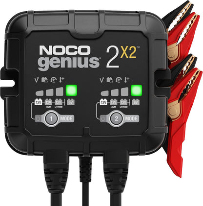 NOCO GENIUS2X2, 4A 2-Bank Automatische Oplader (2A per Bank), 6V en 12V Batterijlader, AGM, SLA, Gel en Lithium Auto-Acculader, Onderhoudslader, Druppellader en Desulfator - Auto, Motorfiets, ATV, RV