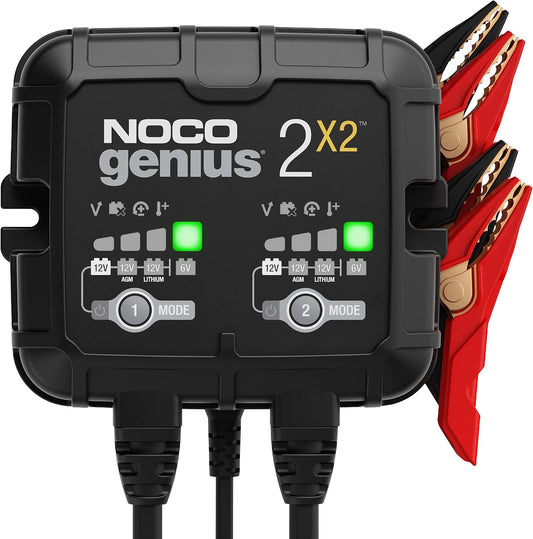 NOCO GENIUS2X2, 4A 2-Bank Automatische Oplader (2A per Bank), 6V en 12V Batterijlader, AGM, SLA, Gel en Lithium Auto-Acculader, Onderhoudslader, Druppellader en Desulfator - Auto, Motorfiets, ATV, RV