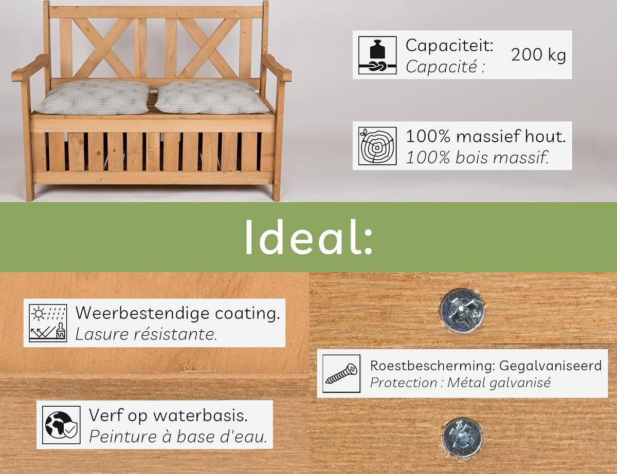 needs&wants® Wooden Garden Bench with Storage Cover OXFORD 600D, 2 Seater Chest Bench Wooden Classic Bench Storage Garden Storage Bench Solid Wood Weatherproof for Outdoor Garden Balcony Patio, - QUORE