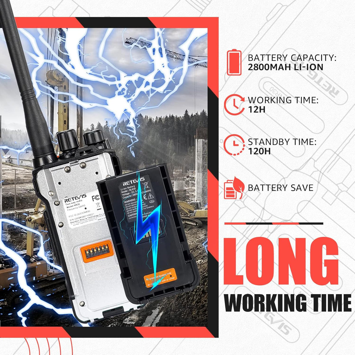 Retevis NR630 Walkie Talkie voor Volwassenen, Lange Afstand, IP67 Waterdichte 2-Weg Radio, Ruisonderdrukking, Groepsoproep, 2800mAh Oplaadbare Walkietalkie voor Bouwplaats, Aannemer (Zwart, 3 Stuks)