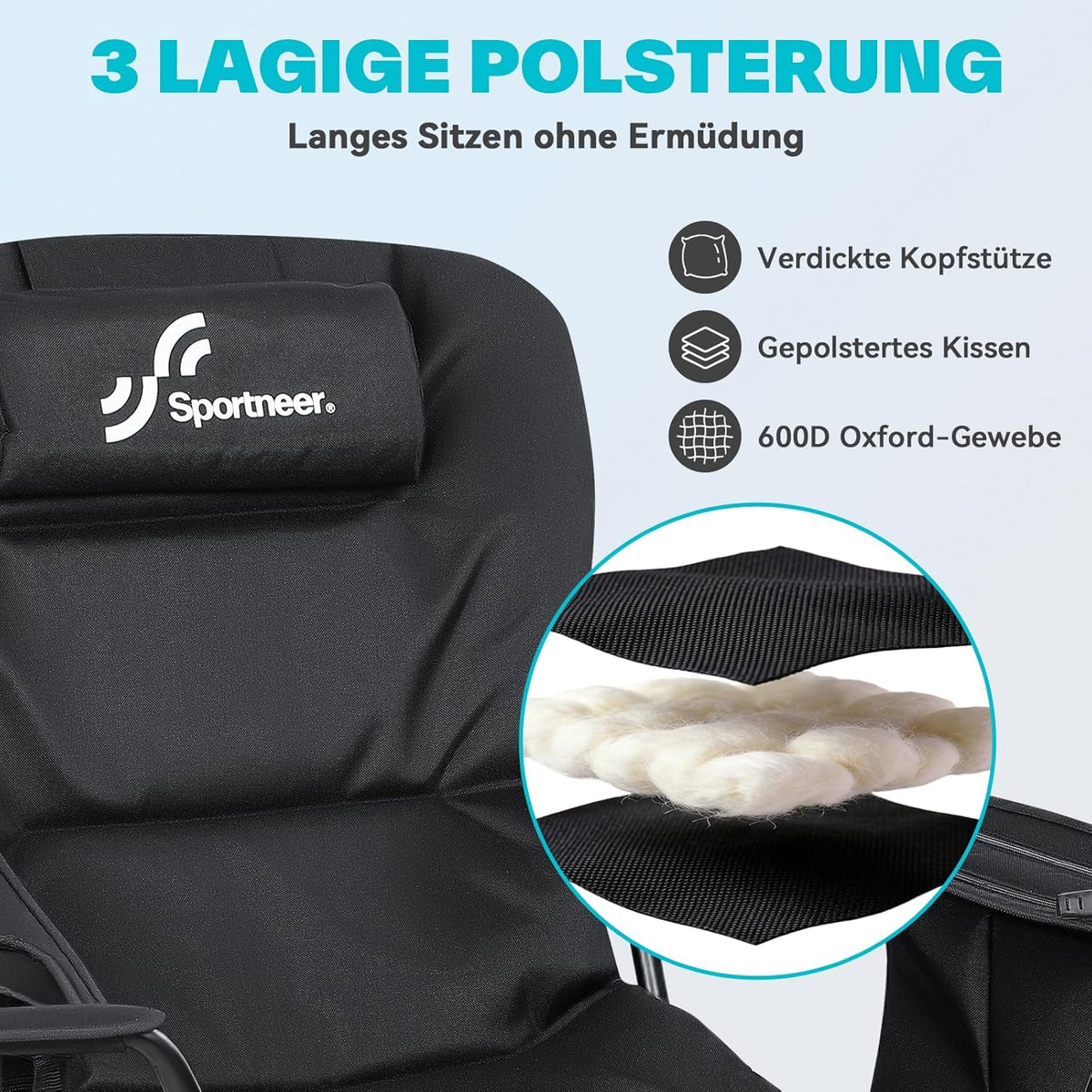 Opvouwbare campingstoel, 2-in-1, strandstoel met 4-voudig verstelbare rugleuning, campingstoel met voetensteun, met koeltas, bekerhouder voor camping, strand, festival, tuin, balkon