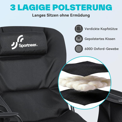 Opvouwbare campingstoel, 2-in-1, strandstoel met 4-voudig verstelbare rugleuning, campingstoel met voetensteun, met koeltas, bekerhouder voor camping, strand, festival, tuin, balkon