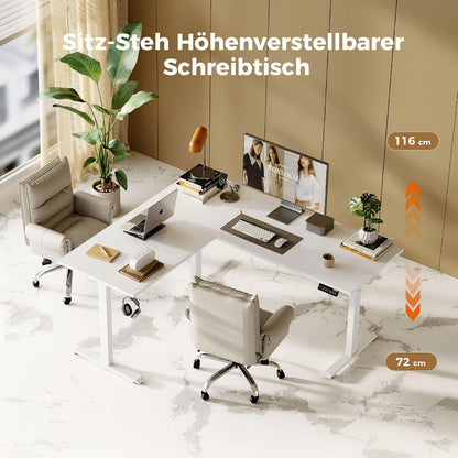 Agilestic L-vormig in hoogte verstelbaar bureau, 160 x 140 cm, bureau in hoogte verstelbaar elektrisch, hoekbureau ergonomisch zit-sta tafel computerbureau, wit