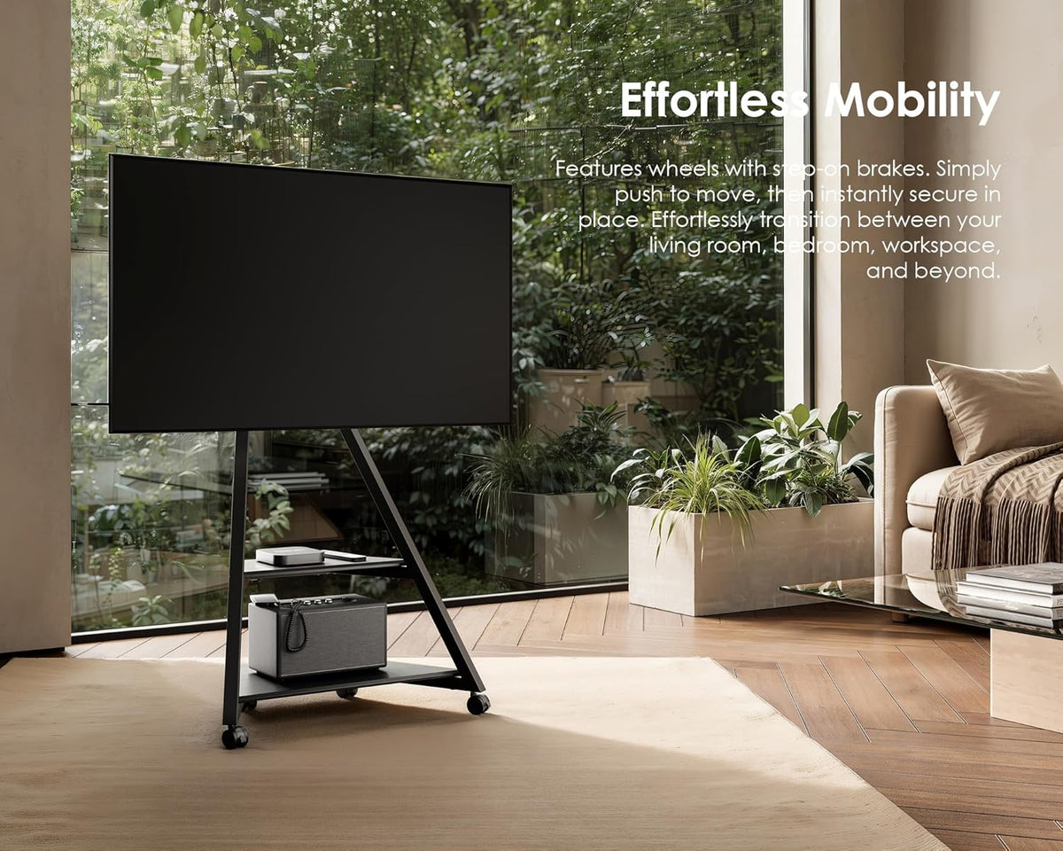 FITUEYES Design tv-standaard met wieltjes voor tv 32 43 55 65 inch, in hoogte verstelbaar 946 - 1076,5 mm, met 2 planken voor huis, woonkamer, conferentie serie Eiffel