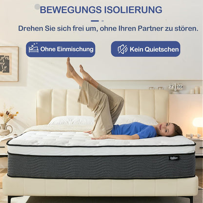 Matras 140 x 200 cm, pocketveringmatras H3 hoogte 31 cm 7-zonen orthopedische matras met comfort memory-schuim laag, 101 nachten proefslapen, Öko-Tex gecertificeerd