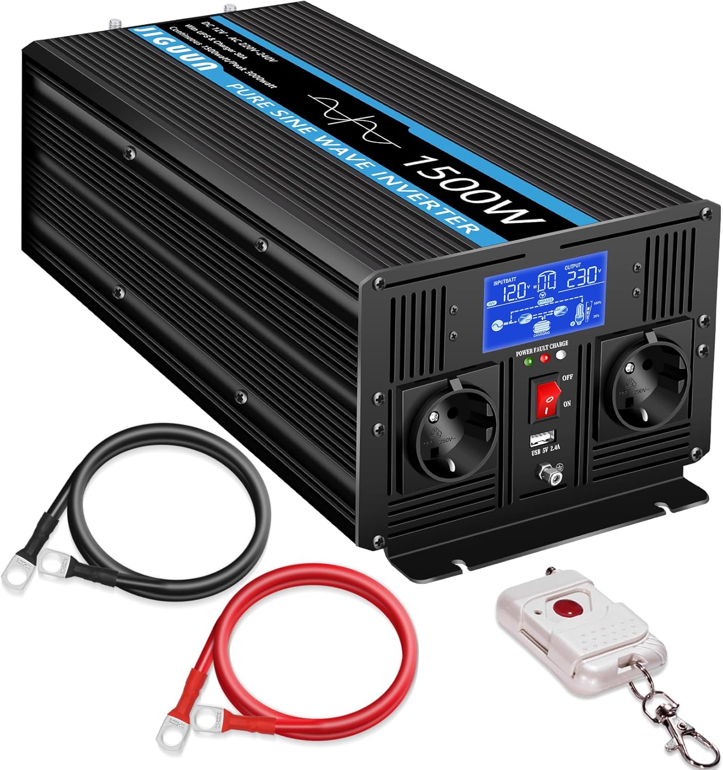 JIGUUN 1500W omvormer 12v naar 230v zuivere sinus met 30A lader en net prioriteit circuit en UPS, 2 EU-stopcontacten, draadloze afstandsbediening en LCD-display piekvermogen 3000W