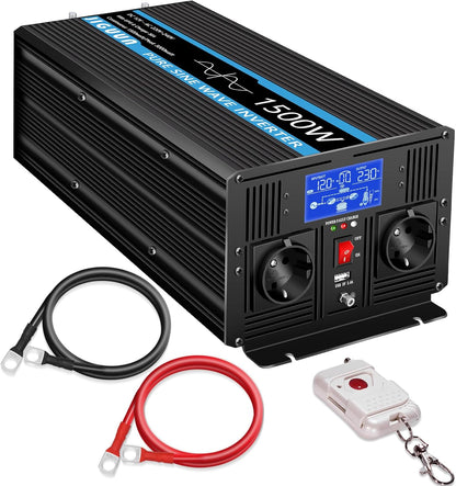 JIGUUN 1500W omvormer 12v naar 230v zuivere sinus met 30A lader en net prioriteit circuit en UPS, 2 EU-stopcontacten, draadloze afstandsbediening en LCD-display piekvermogen 3000W