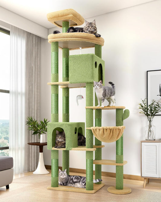 Globlazer Cat Tree Cactus Green large xxl tall 213cm with 2 cat house large platform padded Seat Rod Basket scratching post Sisal,luxury Scratching post stable for large cats Maine Coon (F83, Green)