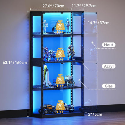 Glazen vitrine zwart – vitrinekast – displaykast – etalagekast – presentatiekast – 4 glazen planken – geïntegreerde ledverlichting