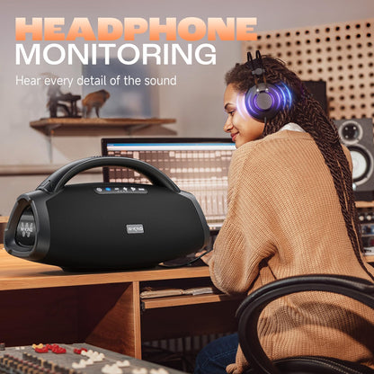 W-KING Bluetooth-luidspreker luid, draagbare draadloze luidspreker met 120W subwoofer, 50W*2 woofers, 15W*2 tweeter, 40Hz massieve bas, IPX7 waterdicht, APP, BT5.4, stereo-koppeling, OTG, grote