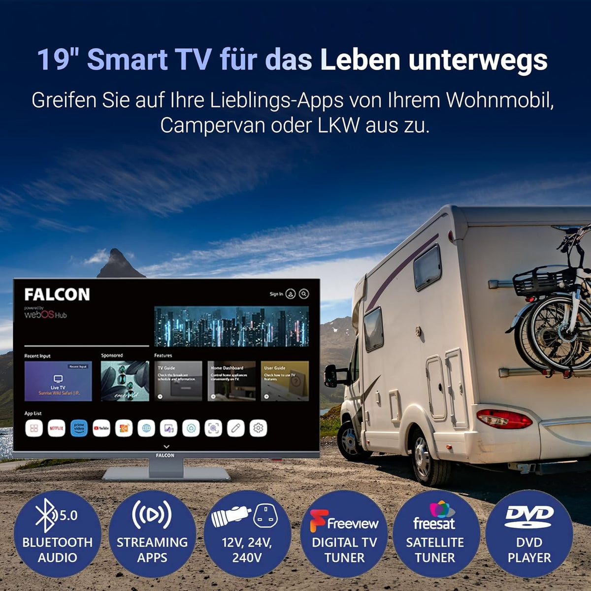 Falcon 19" TV WebOS SMART TV Wifi Camping – 12V/24V, geïntegreerde dvd-speler, Bluetooth 5.0, USB, streaming, Freeview, Netflix, Prime Video, pitch perfecte televisie voor camper, camper IPTV