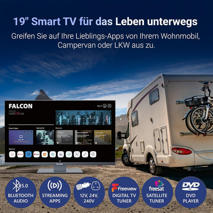 Falcon 19" TV WebOS SMART TV Wifi Camping – 12V/24V, geïntegreerde dvd-speler, Bluetooth 5.0, USB, streaming, Freeview, Netflix, Prime Video, pitch perfecte televisie voor camper, camper IPTV