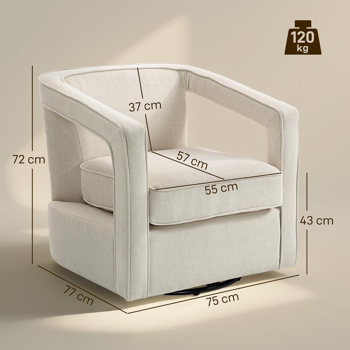 HOMCOM Fauteuil 360° draaibaar Loungestoel Relaxstoel met geïntegreerde rugleuning en armleuningen, linnenlook, gestoffeerde stoel voor slaapkamer Beige