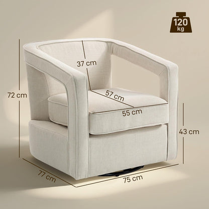 HOMCOM Fauteuil 360° draaibaar Loungestoel Relaxstoel met geïntegreerde rugleuning en armleuningen, linnenlook, gestoffeerde stoel voor slaapkamer Beige