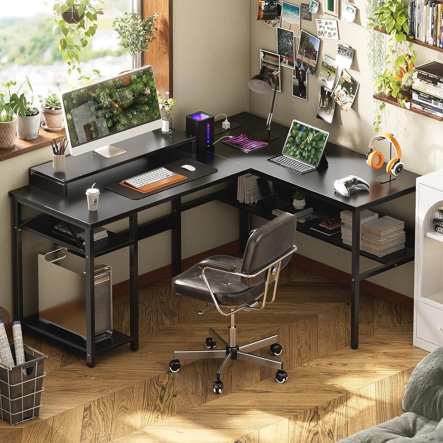 L-vormig bureau, gamingbureau met LED-verlichting, omkeerbaar computerbureau met opbergplanken, hoektafel met monitorstandaard voor thuis, kantoor, zwart