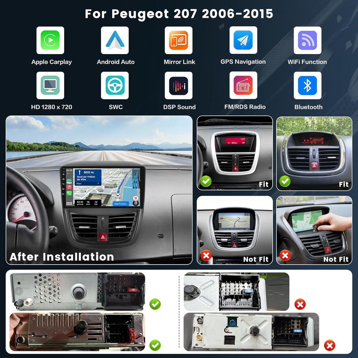 Inefala 8 Core 4+64G Android Radio voor Peugeot 207 207 cc 2006-2015, 9 Inch HD Touch Screen met Wireless CarPlay en Android Auto, GPS Navigatie, AHD ACHTERUITRIJCAMERA, FM/RDS, Bluetooth