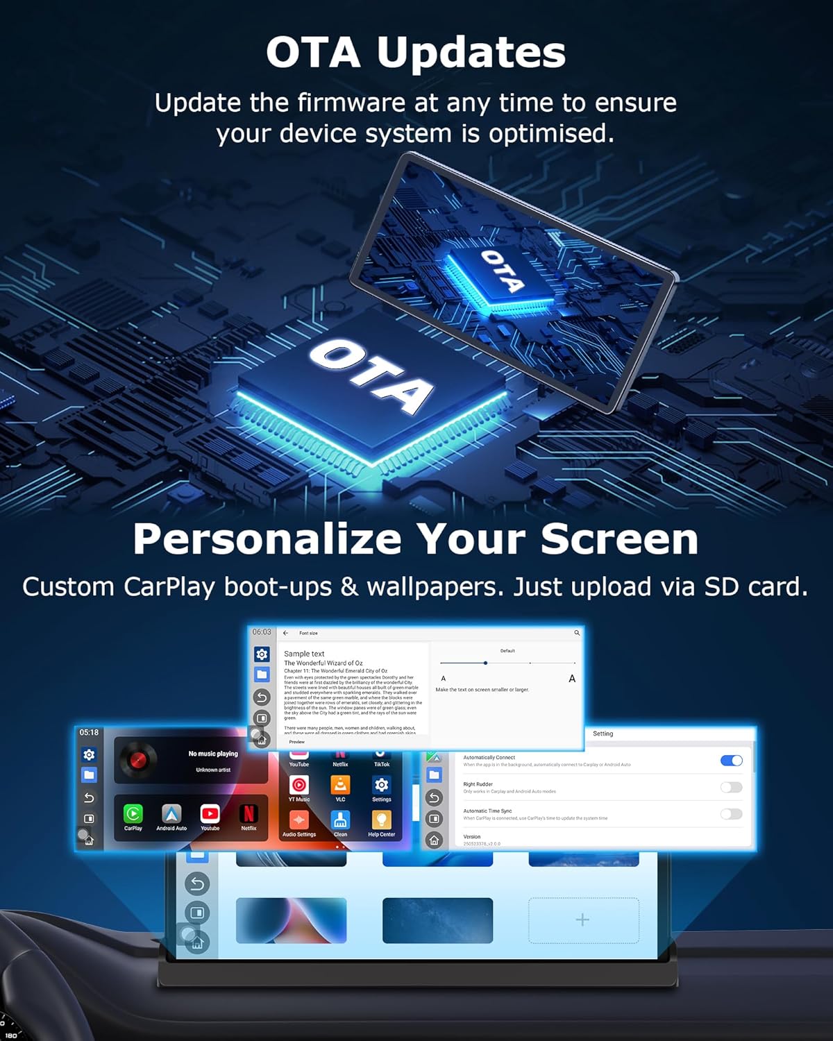 【4-in-1】Carplay Android Auto Scherm voor in de Auto met YouTube/Netflix/Tiktok, Exclusieve Houder 10,26 inch Carplay-scherm Car Play Autoradio met Achteruitrijcamera Dual-band WLAN, Bluetooth