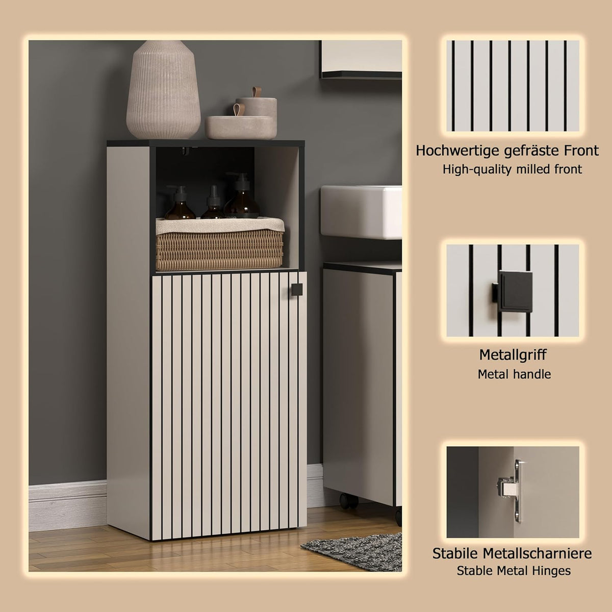 trendteam smart living - PureBliss - staande kast - Kashmir lichtgrijs - groeflook - 1 open vak + 1 plank - (BxHxD) 40 x 95 x 31 cm - badkamerkast met elegante metalen handgreep - QUORE