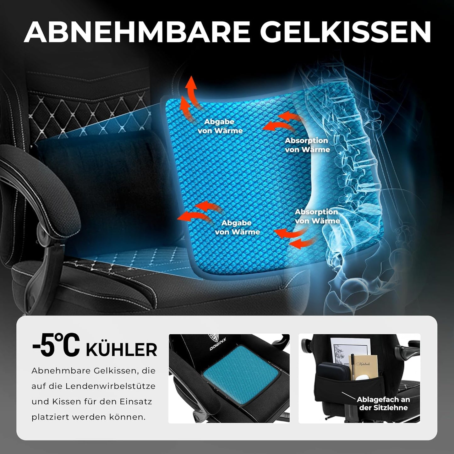 Dowinx Gaming Chair with Pocket Spring Cushion, Massage Gaming Chair with Footrest, Ergonomic Racing Gamer Chair, Maximum Load 150 kg, Black - QUORE