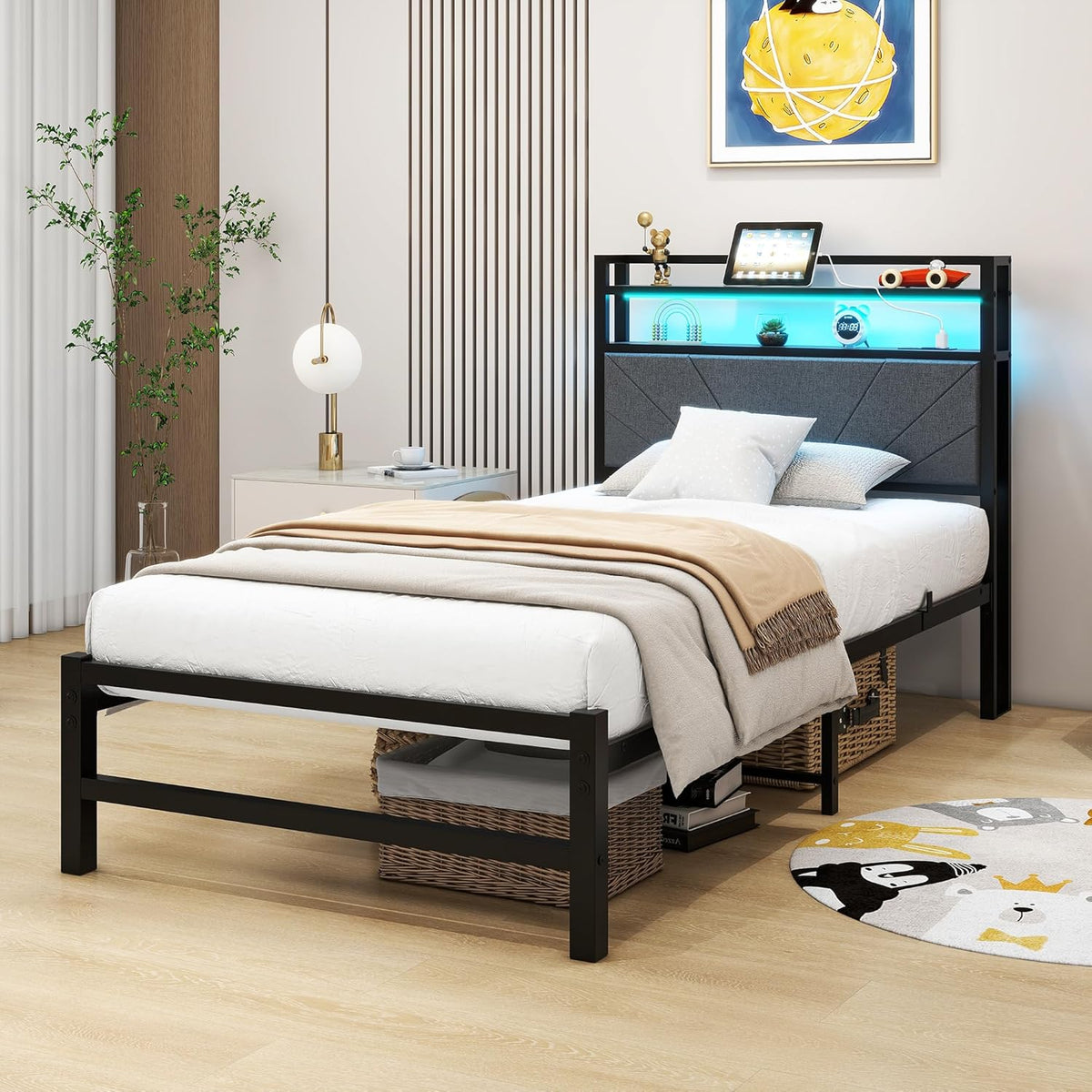 Gestoffeerd bed, 90 x 200 cm, metalen bed, eenpersoonsbed, bedframe met led en laadstation, bedframe met opbergruimte, tienerbed, logeerbed, bedframe met hoofdeinde, donkergrijs