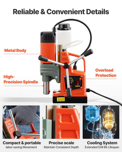 VEVOR Magnetic Drill 1350 W, Drill Diameter 50 mm, Power 12500 N, Max Stroke 210 mm with Cooling Connection, Column Drill for Metal Surfaces, DIY
