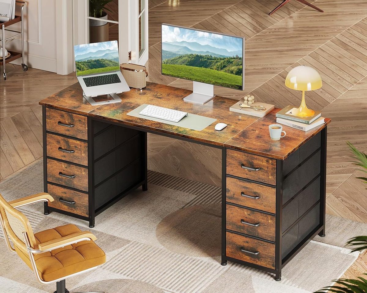 Coleshome Bureau met 8 Stoffen Laden, 140 x 48 cm, Bruin Bureau met Opbergruimte, Computertafel, Bureautafel, PC-Tafel, Kantoortafel voor Kantoor, Woonkamer, Thuiskantoor