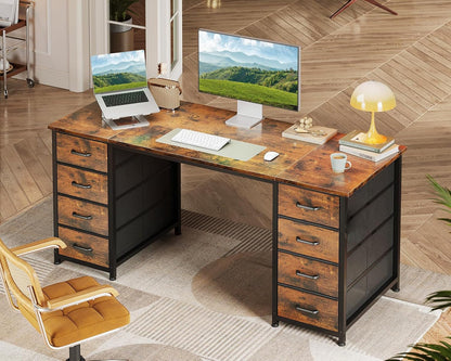 Coleshome Bureau met 8 Stoffen Laden, 140 x 48 cm, Bruin Bureau met Opbergruimte, Computertafel, Bureautafel, PC-Tafel, Kantoortafel voor Kantoor, Woonkamer, Thuiskantoor