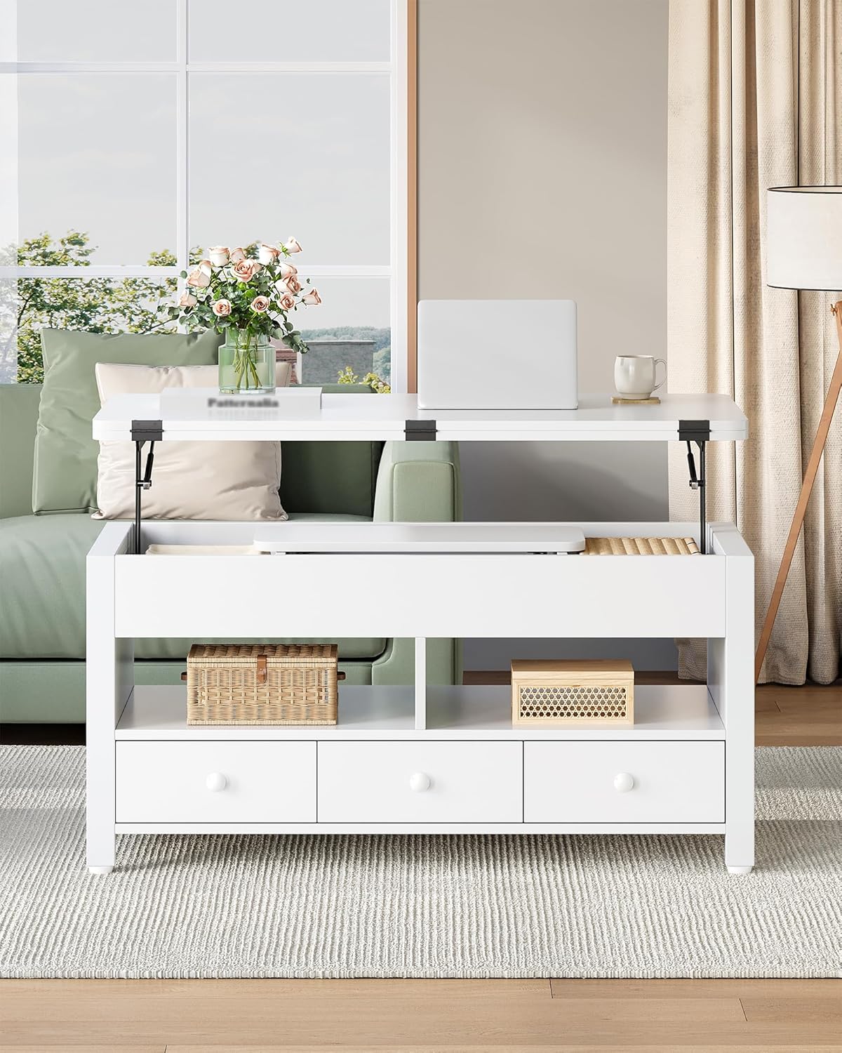 Hzuaneri Coffee Table, 3-in-1 Height Adjustable Folding Top Coffee Table, with 3 Drawers Large Storage Space, 100×50×47cm Extendable (100×63cm) for Living Room/Office, White CT22203W