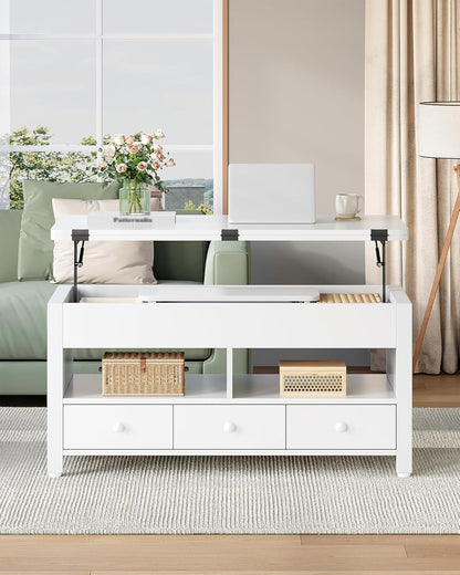 Hzuaneri Coffee Table, 3-in-1 Height Adjustable Folding Top Coffee Table, with 3 Drawers Large Storage Space, 100×50×47cm Extendable (100×63cm) for Living Room/Office, White CT22203W
