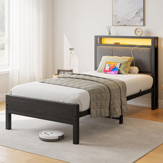 Bedframe met laadstation, robuust metaal, met opberghoofdeinde van houten stof, bijzetbed, kinderbed, eenpersoonsbed, metaal, met lattenframe, 90 x 200 cm,