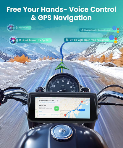 Motornavigatie, draadloos, CarPlay en Android auto via Moto, 6,86 inch HD touchscreen, GPS-navigatie, IP68 waterdicht, Bluetooth, EQ, Assistente Siri/GOO-gle, TPMS