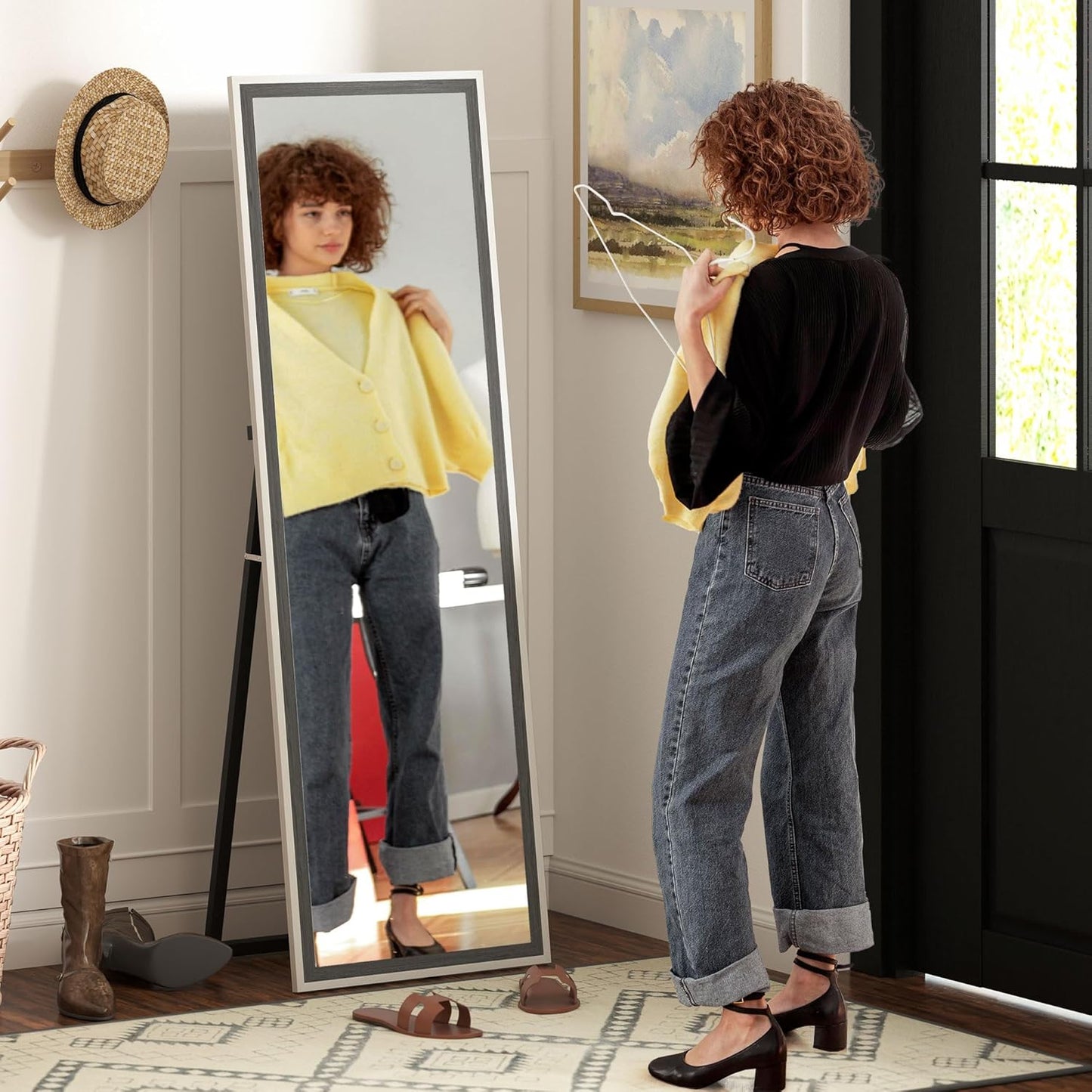 HOMCOM Ganzkörperspiegel 162.5 x 53.5 cm Standspiegel mit Ständer, Wall Mirror für Wohnzimmer, Schlafzimmer, Ankleidungsraum Grau+Weiß - QUORE