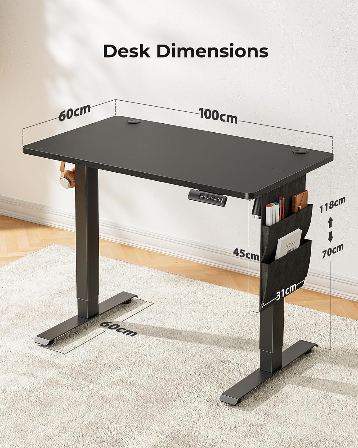 Marsail Staande bureau in hoogte verstelbaar, elektrisch sta-bureau met Staragetas, staand bureau voor thuiskantoor, computerbureau, vooraf ingestelde geheugen met hoofdtelefoonhaak, 100 x 60 cm