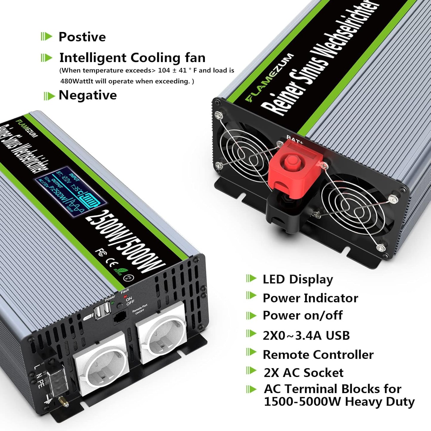 Omvormer 12v naar 230v Zuivere Sinus 2500w Converter Power Inverter Converter met LED-display & EU AC-Stopcontacten & 2 USB-poorten Voor Auto,Caravan,Boot,Camping